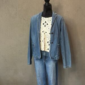 Gap Stretch Denim Blazer Jacket Size 14 Floral Lining Y2K 2000s Blue Jean
